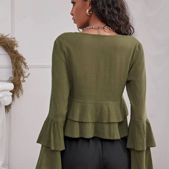 - Tiered olive green bell sleeve top - Picture 3 of 3